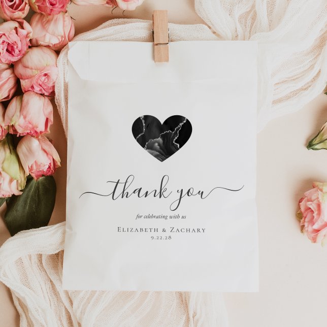 Agate Heart Script Thank You Black Silver Wedding Favour Bag (Creator Uploaded)