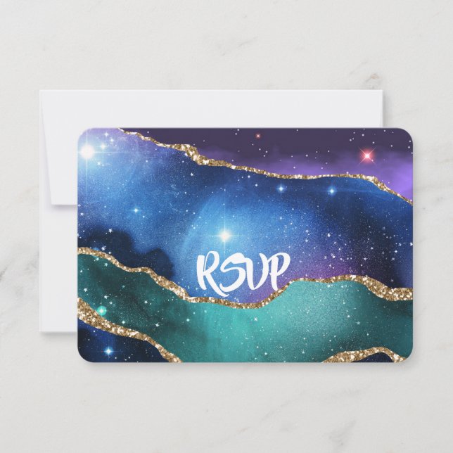 Agate Marble Purple Blue Teal Wedding Details RSVP Card (Front)