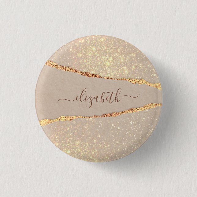 Agate marble stone glitter rose gold name script 1 inch round button (Front)