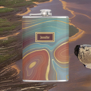 Agate Marble Strata - Burgundy Rust Dusty Aqua Hip Flask