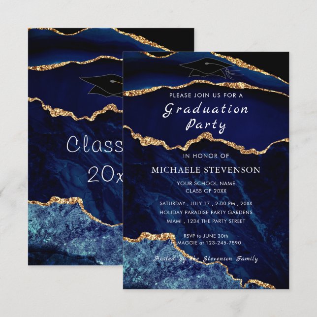 Agate Marine Bleu Marbre d'or Invitation de gradua (Devant / Derrière)