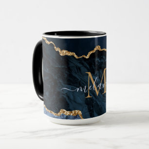Agate Marine Bleu Marbre Or Monogramme Nom Mug