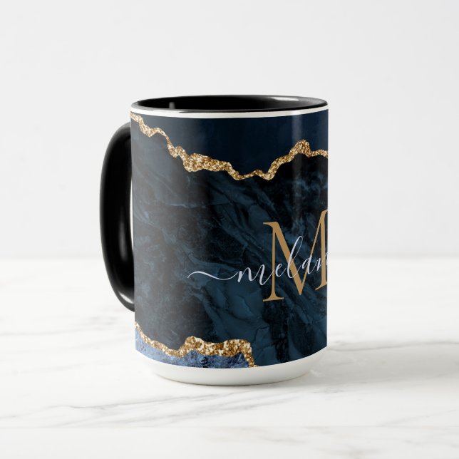 Agate Marine Bleu Marbre Or Monogramme Nom Mug (Devant gauche)
