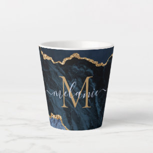 Agate Marine Bleu Marbre Or Nom Lettre Latte Mug