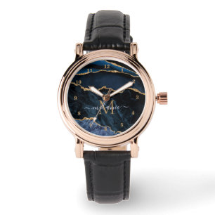 Agate Marine Bleu Marbre Or Nom Lettre Montre