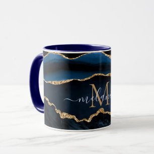 Agate Marine Bleu Marbre Or Nom personnalisé Mug