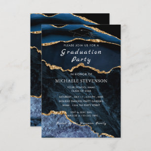 Agate Marine Blue Gold Marble Grad Invitation
