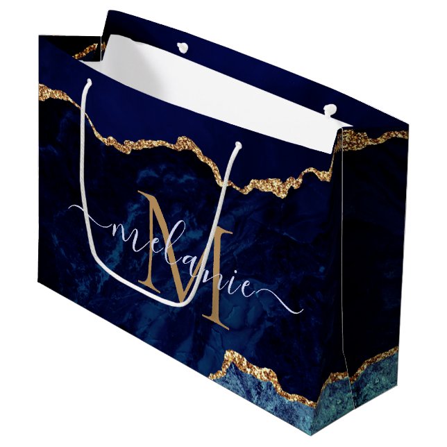 Agate Marine Blue Gold Marble Nom Lettre Sac cadea (Devant Angle)