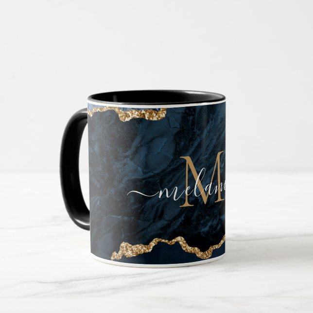 Agate Marine Marbre bleu or Votre nom Lettre Mug (Devant gauche)