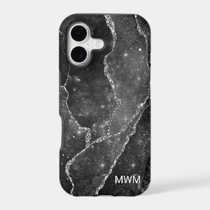Agate Monogramme Veines Argent Noir Blanc