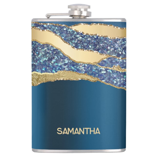 Agate name blue gold glitter marble classy hip flask (Front)