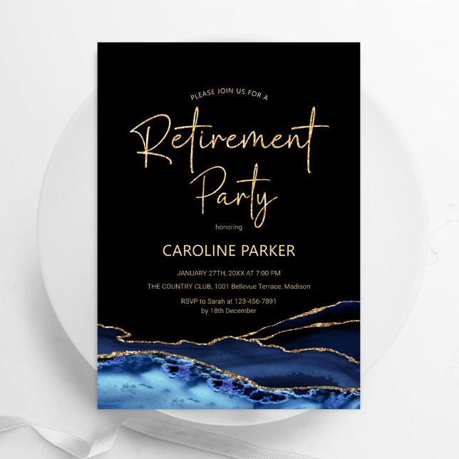 Agate Navy Blue Black Gold Retirement Party Invitation (Creator Uploaded)