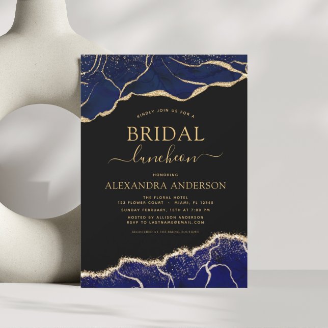 Agate Navy Blue Bridal Shower Luncheon Gold  Invit Invitation (Creator Uploaded)