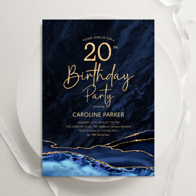 Agate Navy Blue Gold 20th Birthday Invitation (Creator Uploaded)