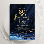 Agate Navy Blue Gold 80th Birthday Invitation<br><div class="desc">Navy blue and gold agate 80th birthday party invitation. Elegant modern design featuring royal blue watercolor agate marble geode background,  faux glitter gold and typography script font. Trendy invite card perfect for a stylish women's bday celebration. Printed Zazzle invitations or instant download digital printable template.</div>