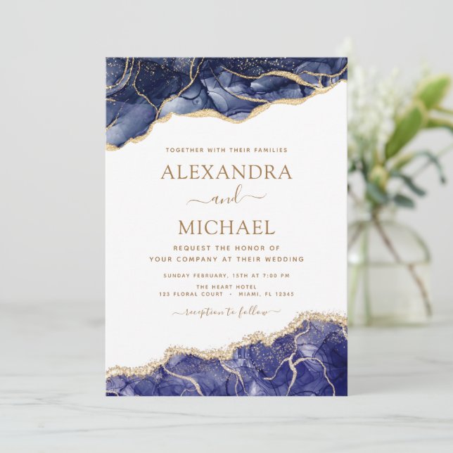 Agate Navy Blue Gold Blue Wedding Invitation (Standing Front)