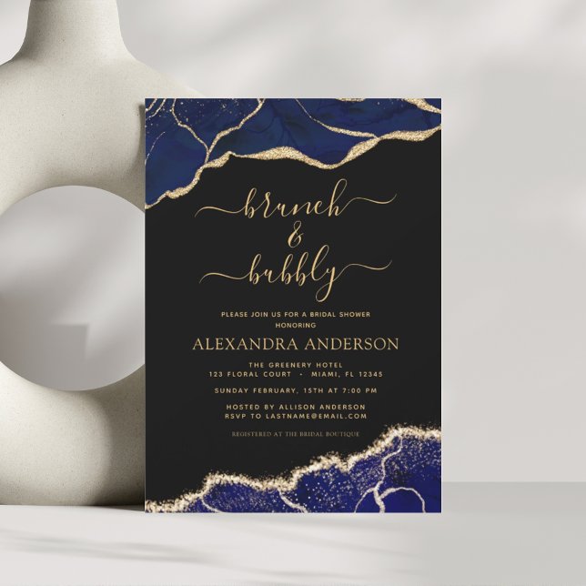 Agate Navy Blue Gold Brunch & Bubbly Bridal Shower Invitation (Creator Uploaded)