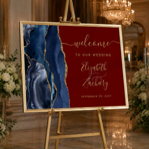 Agate Navy Blue Gold Burgundy Wedding Welcome Sign
