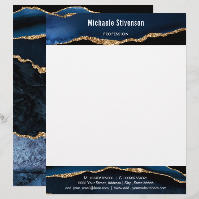 Agate Navy Blue Gold Custom Name Info Letterhead (Front/Back)