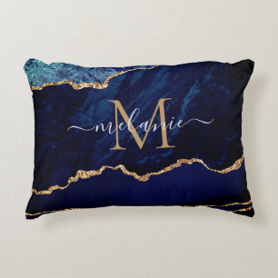 Agate Navy Blue Gold Gemstone Marble Custom Name Accent Pillow