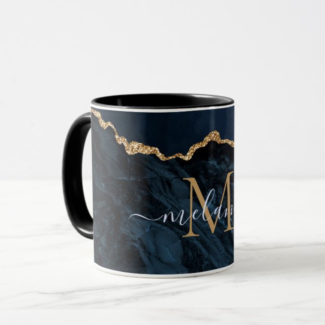 Agate Navy Blue Gold Gemstone Marble Monogram Mug (Front Left)