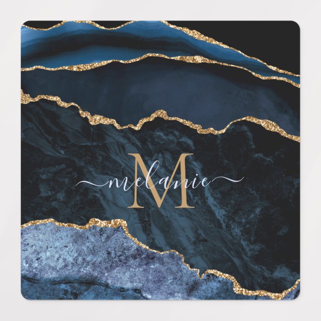 Agate Navy Blue Gold Gemstone Marble Monogram Name (Design 1)