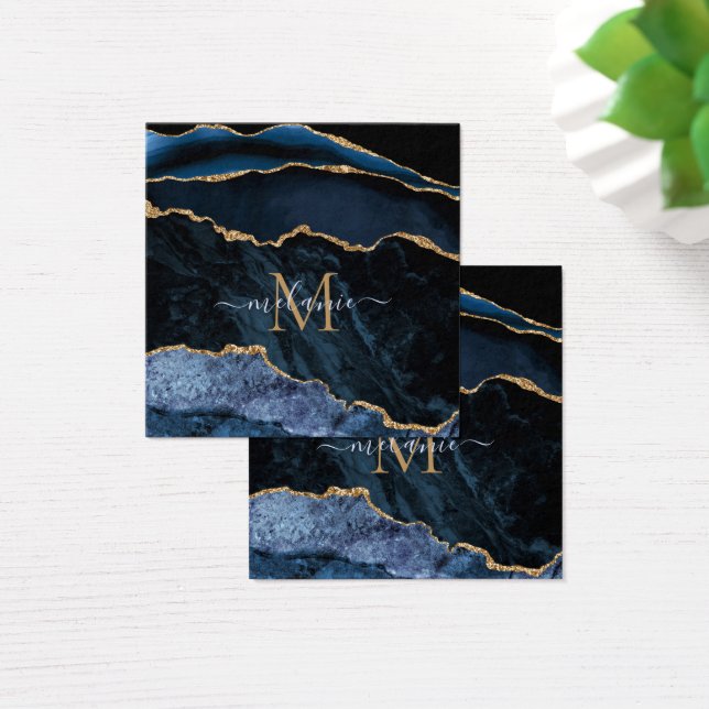 Agate Navy Blue Gold Gemstone Marble Monogram Name (Desk)