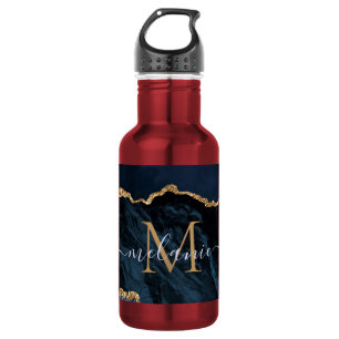 Agate Navy Blue Gold Gemstone Marble Monogram Name 532 Ml Water Bottle