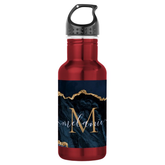 Agate Navy Blue Gold Gemstone Marble Monogram Name 532 Ml Water Bottle (Front)