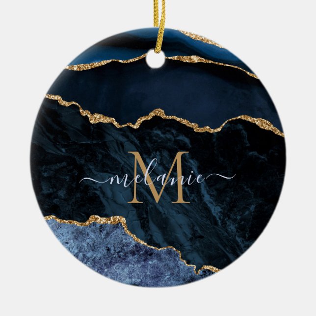 Agate Navy Blue Gold Gemstone Marble Monogram Name Ceramic Ornament (Front)