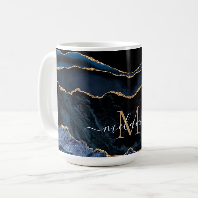 Agate Navy Blue Gold Gemstone Marble Monogram Name Coffee Mug (Front Left)