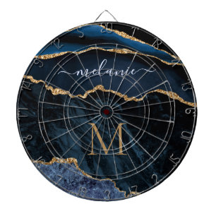 Agate Navy Blue Gold Gemstone Marble Monogram Name Dartboard