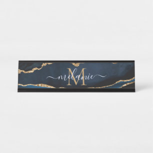 Agate Navy Blue Gold Gemstone Marble Monogram Name Desk Name Plate