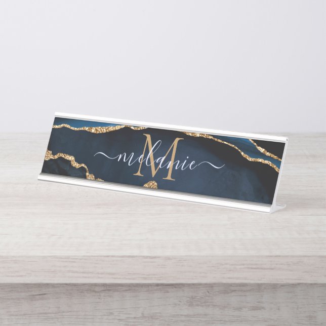 Agate Navy Blue Gold Gemstone Marble Monogram Name Desk Name Plate (Front)