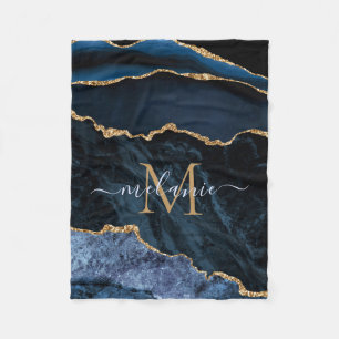 Agate Navy Blue Gold Gemstone Marble Monogram Name Fleece Blanket