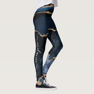 Agate Navy Blue Gold Gemstone Marble Monogram Name Leggings