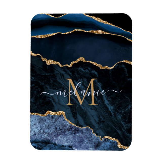 Agate Navy Blue Gold Gemstone Marble Monogram Name Magnet (Vertical)