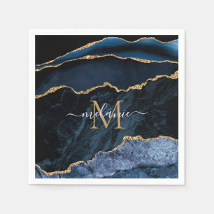Agate Navy Blue Gold Gemstone Marble Monogram Name Napkin