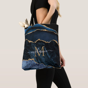 Agate Navy Blue Gold Gemstone Marble Monogram Name Tote Bag