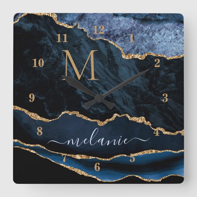 Agate Navy Blue Gold Gemstone Marble Monogram Square Wall Clock (Front)