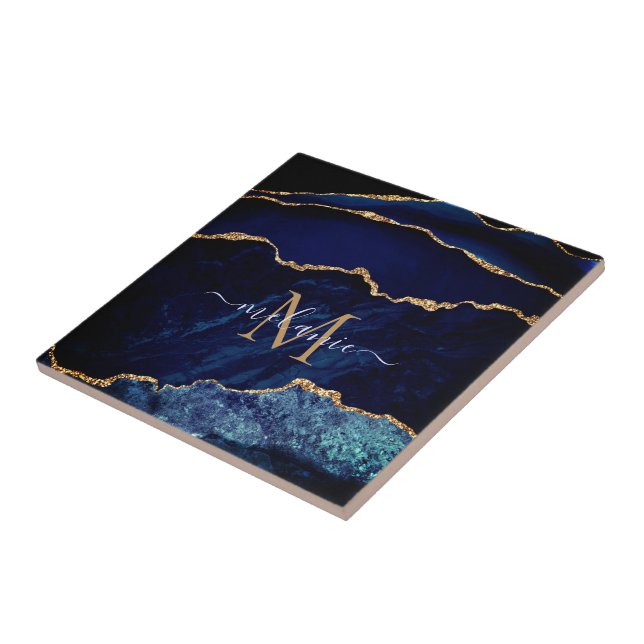 Agate Navy Blue Gold Gemstone Marble Monogram Tile (Side)