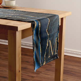 Agate Navy Blue Gold Gemstone Marble Name Monogram Short Table Runner
