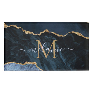 Agate Navy Blue Gold Gemstone Marble Name Monogram Tag