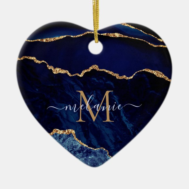 Agate Navy Blue Gold Gemstone Marble Your Name Ceramic Ornament (Front)
