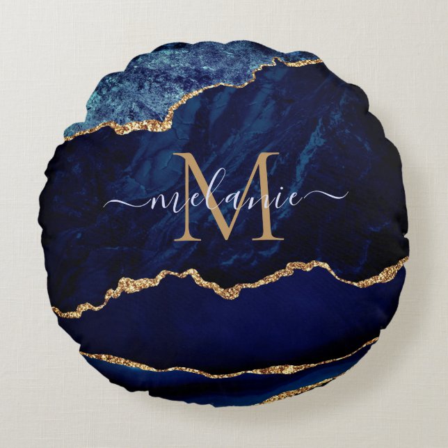 Agate Navy Blue Gold Gemstone Marble Your Name Round Pillow (Front)
