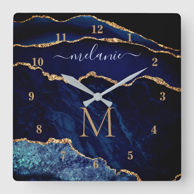 Agate Navy Blue Gold Gemstone Marble Your Name Square Wall Clock (Front)