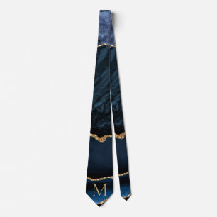 Agate Navy Blue Gold Gemstone Monogram Neck Tie