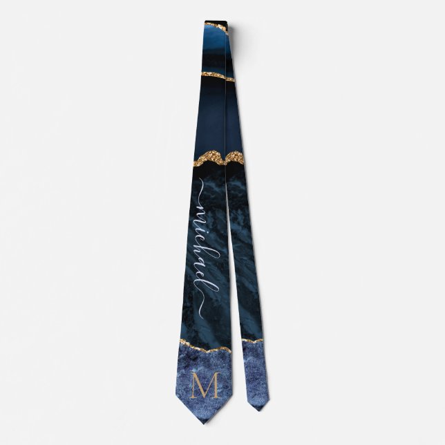 Agate Navy Blue Gold Gemstone Neck Tie - Monogram (Front)