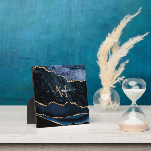 Agate Navy Blue Gold Glitter Geode Monogram Plaque (Insitu)