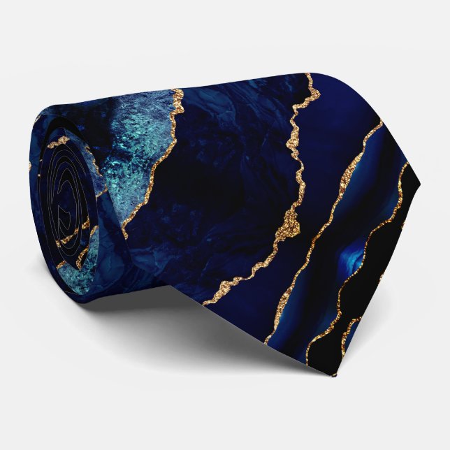 Agate Navy Blue Gold Glitter Marble Neck Tie (Rolled)